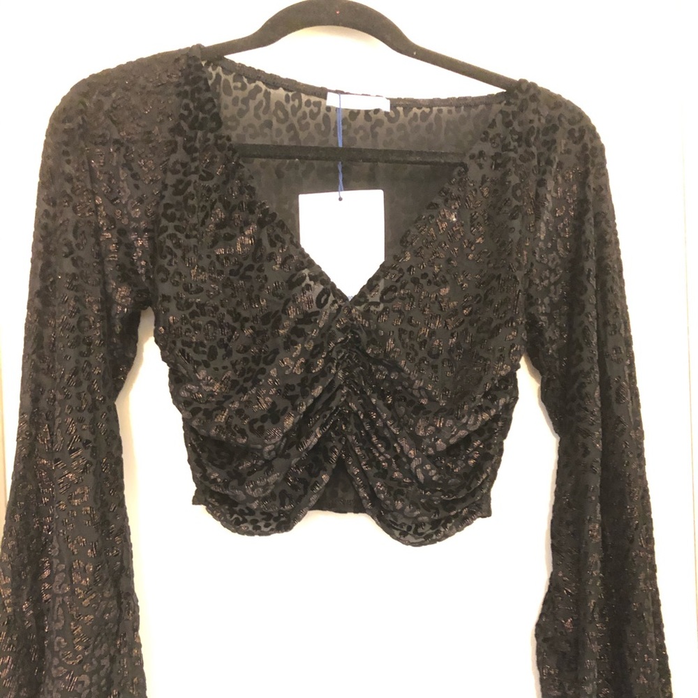 Zara Black & Gold Leopard Cinch Crop Shirt, NWT-Md